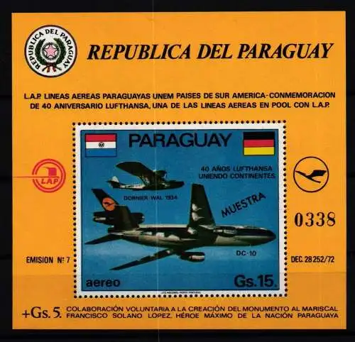 Paraguay Block 226 postfrisch Lufthansa #KC762
