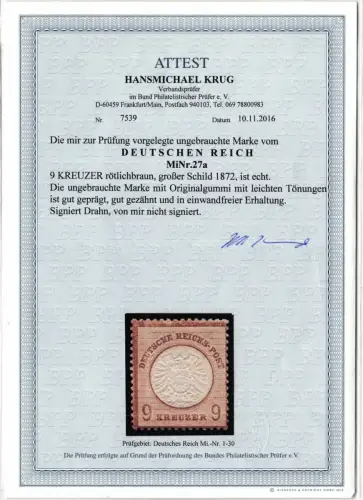 Deutsches Reich 27 a mit Falz Attest Krug BPP #NJ712