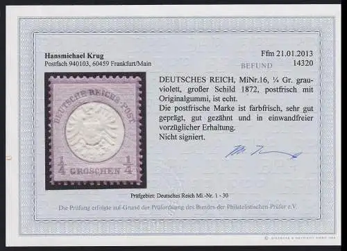 Deutsches Reich 16 postfrisch Befund Krug BPP #NJ720