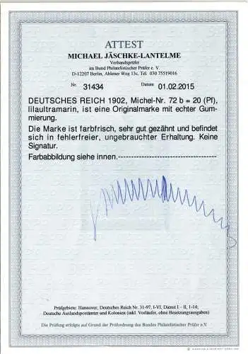 Deutsches Reich 72 b mit Falz Attest Jäschke BPP #NJ740