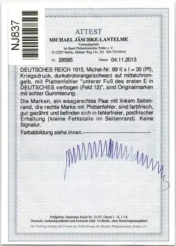 Deutsches Reich 89 II x I postfrisch Attest Jäschke BPP #NJ837