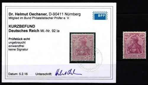 Deutsches Reich 92 I mit Falz Kurzbefund Oechsner BPP #NJ936