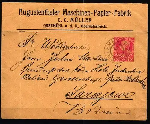 Österreich Oberösterreich 10 Heller Ganzsache Lembach nach Sarajewo 1908 #NF818
