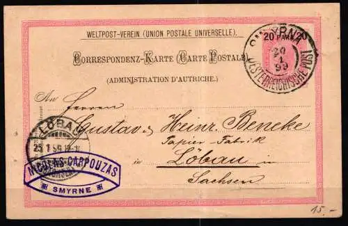 Österreich Levante auf Ganzsache von Smyrna nach Löbau 1899 #NF817