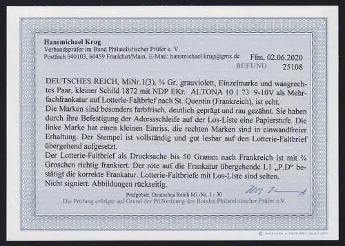 Deutsches Reich 1 auf Brief Lotterielos, Befund Krug BPP #NL863