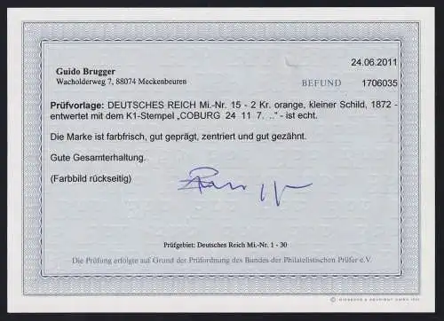 Deutsches Reich 15 gestempelt Befund Brugger BPP #NL865