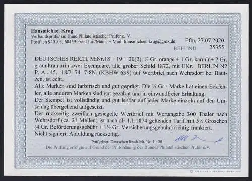 Deutsches Reich 18, 19, 20 auf Brief Wertbrief, Befund Krug BPP #NL997