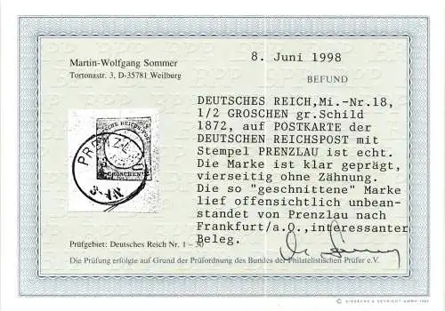 Deutsches Reich 18 auf Postkarte Befund Sommer BPP #NJ541