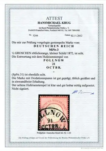 Deutsches Reich 3 gestempelt Hufeisenstempel, Attest Krug BPP #NJ510