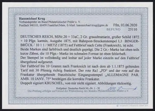 Deutsches Reich 20, 33 aC auf Brief Währungsmischfrankatur, Befund Krug #NL998