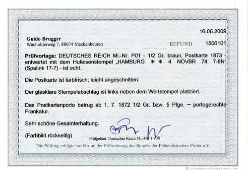 Deutsches Reich P01 als Ganzsache Hufeisenstempel Hamburg, Befund Brugger #NJ517