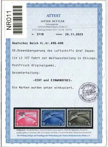 Deutsches Reich 496-498 postfrisch Attest Hettler VP #NR011