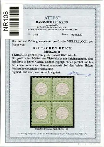 Deutsches Reich 23 a postfrisch 4er Block, Attest Krug BPP #NR108