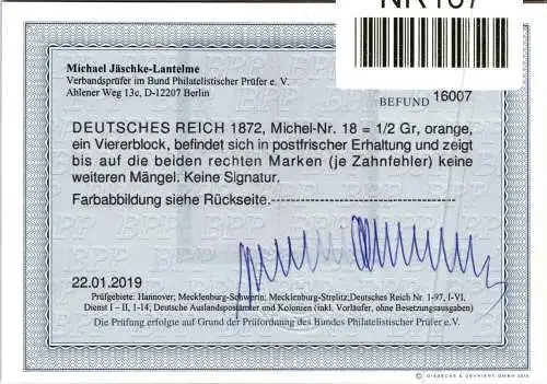 Deutsches Reich 18 postfrisch 4er Block, Befund Jäschke #NR107