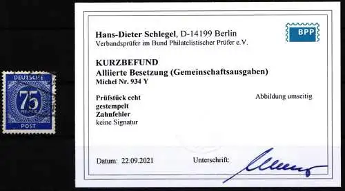 Alliierte Besetzung 934 Y gestempelt lieg. Wz, Kurzbefund Schlegel BPP #NK176