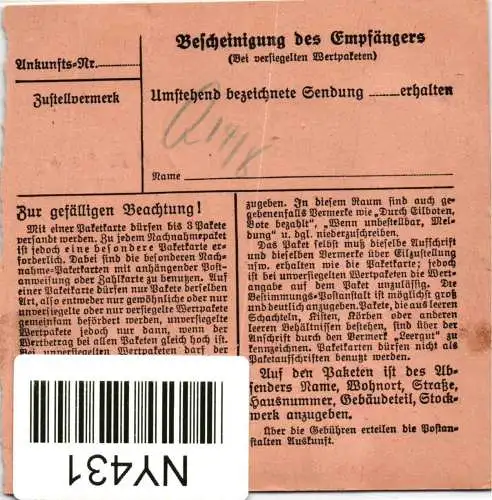 Deutsches Reich Gebühr bezahlt auf Postkarte Paketkarte #NY431