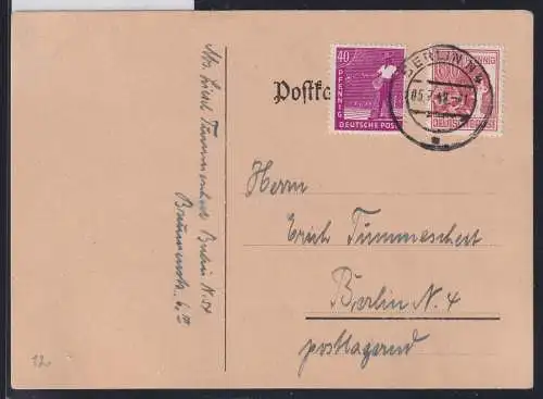 Alliierte Besetzung 945aa, 951 auf Postkarte Berlin ZF #NZ156