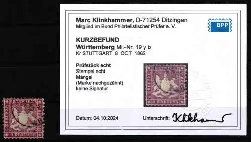 Württemberg 19 yb gestempelt Mängel, Befund Klinkhammer BPP #NU876
