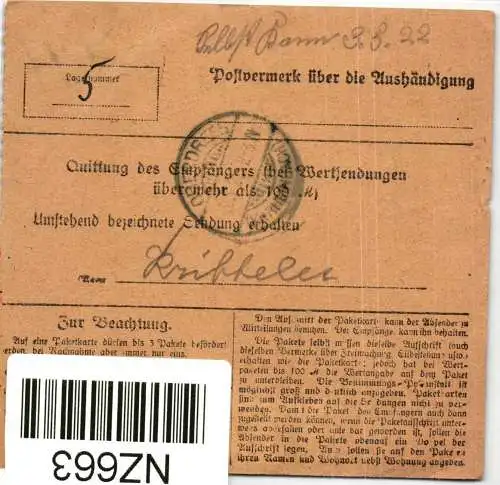 Deutsches Reich 196, 206 auf Brief Paketkarte #NZ663