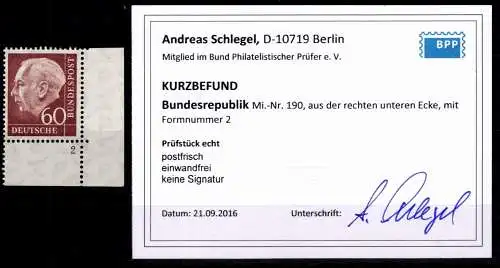 BRD 190x Wv postfrisch aus re. unteren Bogenecke mit F-Nr. 2, Kurzbefund #NY395