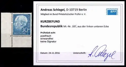 BRD Bund 187x Wv postfrisch aus der li. unteren Bogenecke, Kurzbefund #NY396