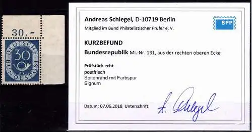 BRD Bund 132 postfrisch aus der re. oberen Bogenecke Fotobefund Schlegel #NY349