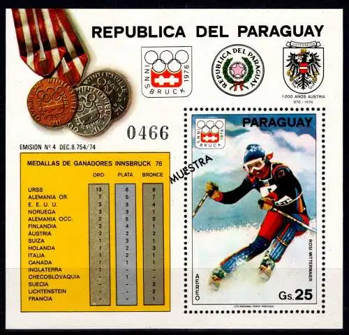 Paraguay Block 277 postfrisch Olympiade Innsbruck 1964 #NW644