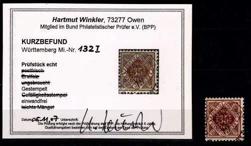 Württemberg 132 I gestempelt Kurzbefund Winkler BPP #OA376