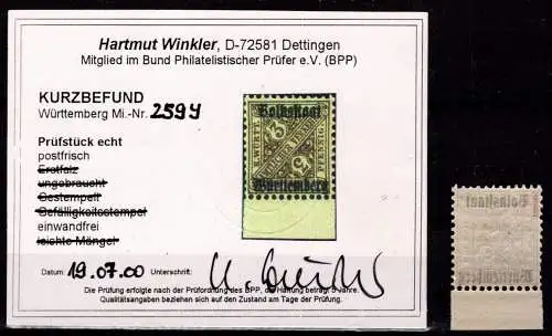 Württemberg 259 y postfrisch Kurzbefund Winkler BPP #OA433