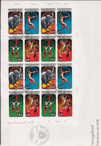 DDR 2983-2986 gestempelt als Kleinbogen auf sauberem blanko FDC, Zirkus #NZ751