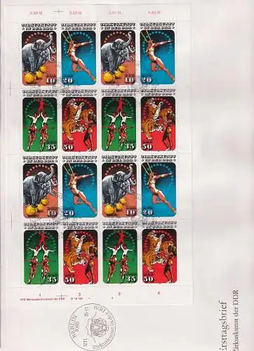 DDR 2983-2986 gestempelt als Kleinbogen auf sauberem blanko FDC, Zirkus #NZ752