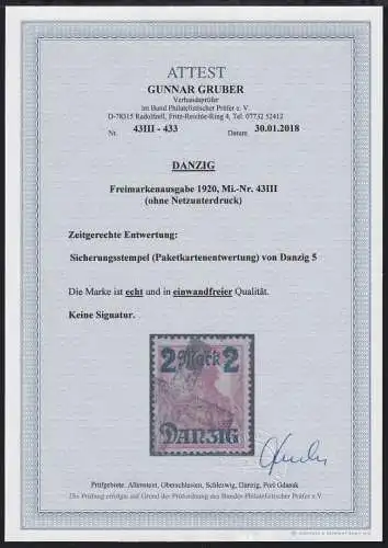 Danzig 43 F N gestempelt mit Fotoattest Gruber BPP #NZ784