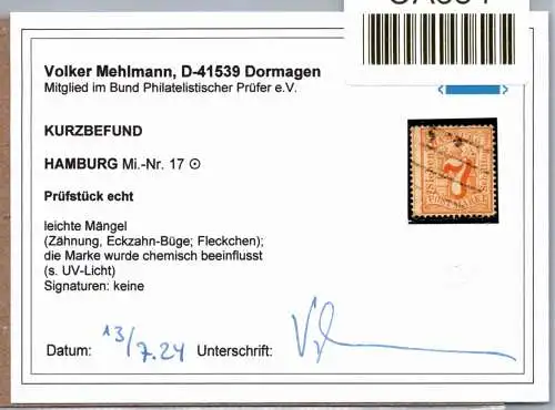 Hamburg 17 gestempelt Kurzbefund Mehlmann BPP #OA684