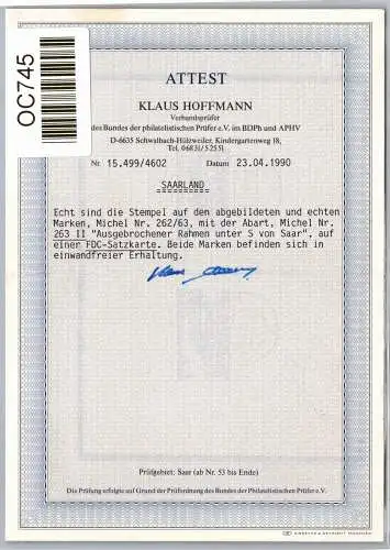 Saarland 262 I-263 II als Ersttagsbrief Attest Hoffmann BPP #OC745