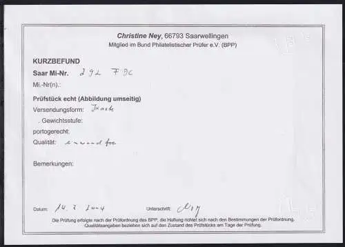 Saarland 292 als Ersttagsbrief Kurzbefund Ney BPP #OC727
