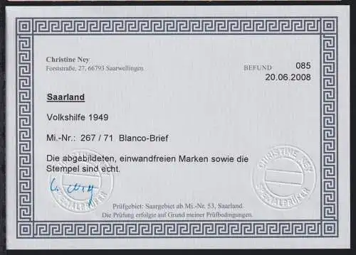 Saarland 267-271 auf Brief Blanco-Brief, Befund Ney #OC730