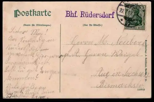 Deutsches Reich Postkarte mit violettem L1 Bhf. Rüdersdorf #NS810