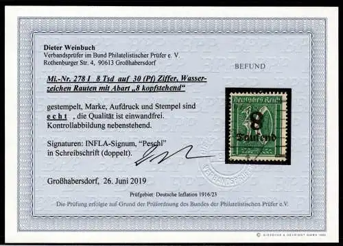Deutsches Reich 278 I gestempelt mit Befund Weinbuch BPP #NS956