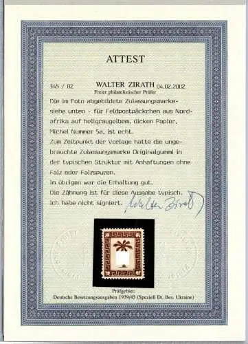 Deutsche Feldpost 2. Weltkrieg Tunis 5 a mit Falz mit Attest Zirath #OF099