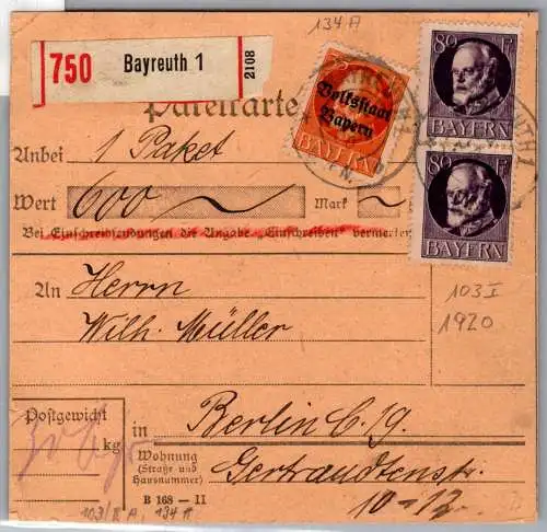 Bayern 103, 134 auf Brief Paketkarte #NX843