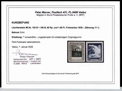 Liechtenstein 103 B, 106 B postfrisch gez 11 1/2, Kurzbefund Marxer BPP #OF129