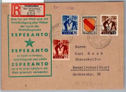 Saarland 230 Z II u.a. auf Postkarte Einschreiben #OF216