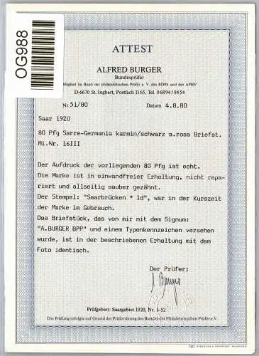Saargebiet 16 III gestempelt Attest Burger BPP #OG988