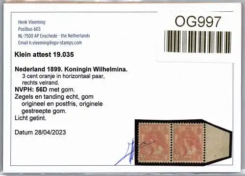 Niederlande 53 (2) postfrisch als Paar, Kleines Attest Vleeming #OG997