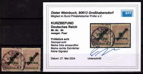 Deutsches Reich D 84 (2x) gestempelt Kurzbefund Weinbuch BPP, gefaltet #OF850