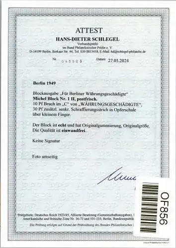 Berlin Block 1 II postfrisch Plattenfehler II, Attest Schlegel BPP #OF856
