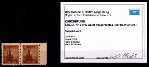 SBZ 92 AX bt UR postfrisch im Paar, Kurzbefund Schulz BPP #OH615