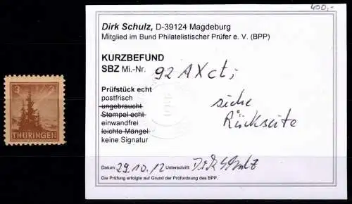 SBZ 92 AX ct postfrisch geprüft Jasch BPP #OH372