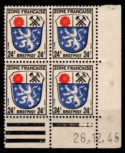 Franz. Zone Allg. Ausg. 9 4er Bl. Br u 26.12.46 postfrisch #PN475