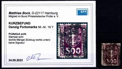 Danzig Portomarken 19 Y gestempelt Kurzbefund Bock BPP, leichte Mängel #OH575